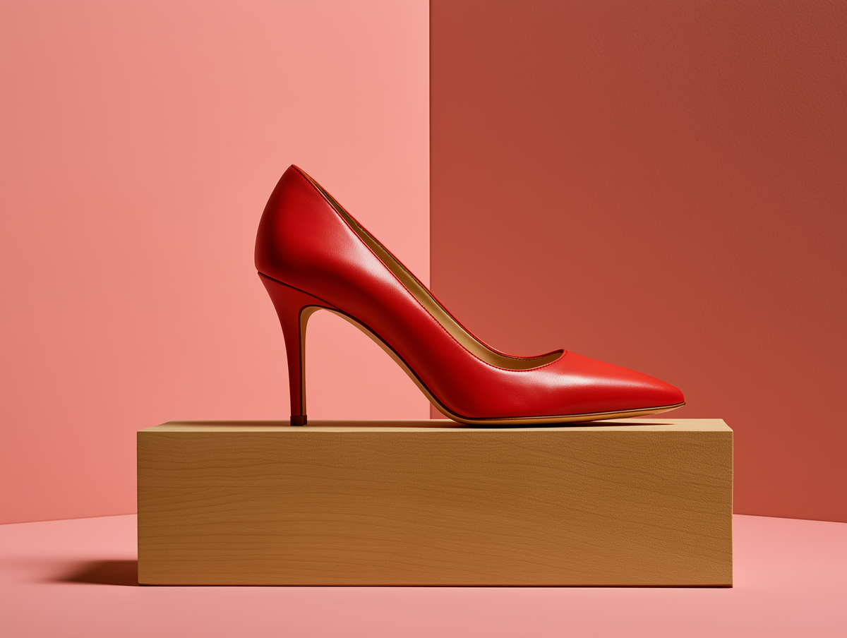 Bondeno Ottavia bespoke stiletto pump in red calfskin, side profile on a wooden block against a pink backdrop