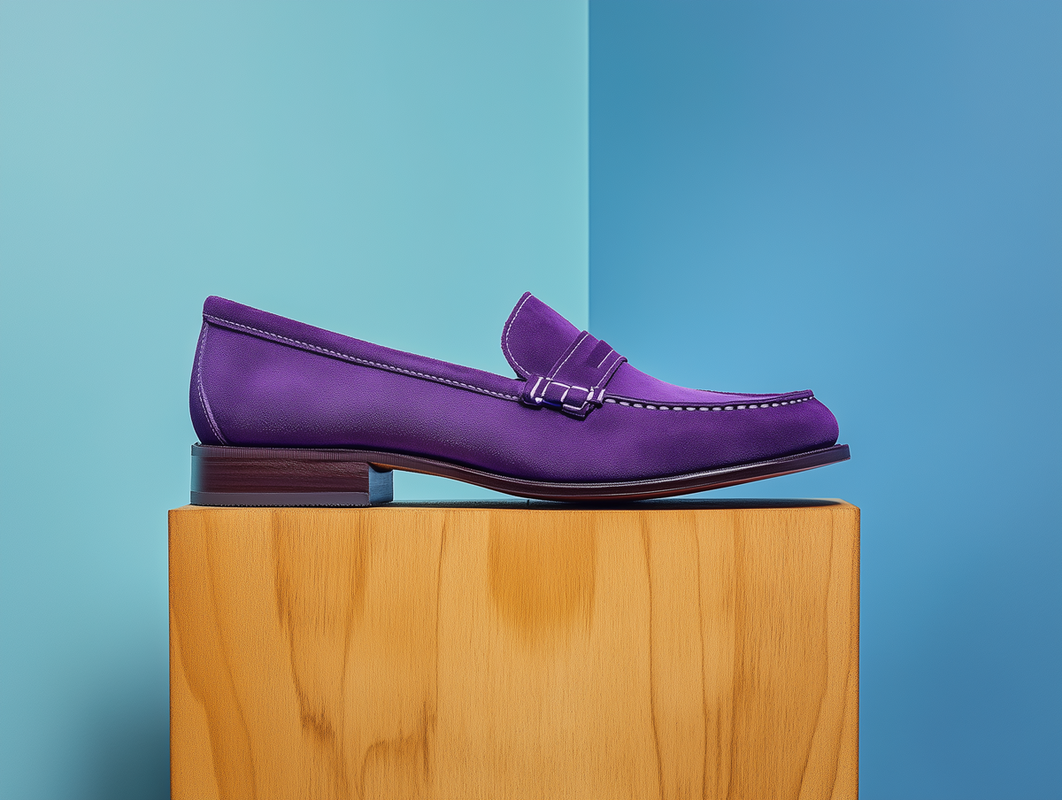 Bondeno Palmira bespoke penny loafer in amethyst purple suede, side profile on a wooden plinth
