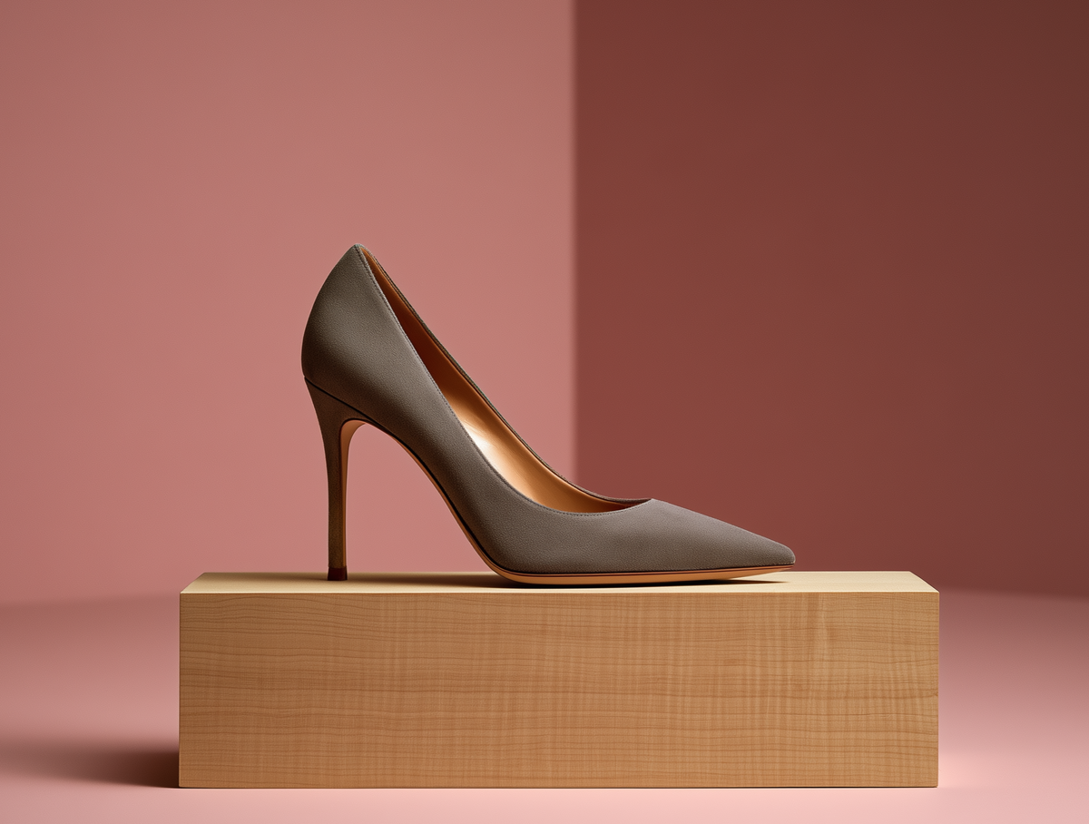 Bondeno Pasqualina bespoke stiletto pump in grey suede, side profile on a wooden block against a pink backdrop