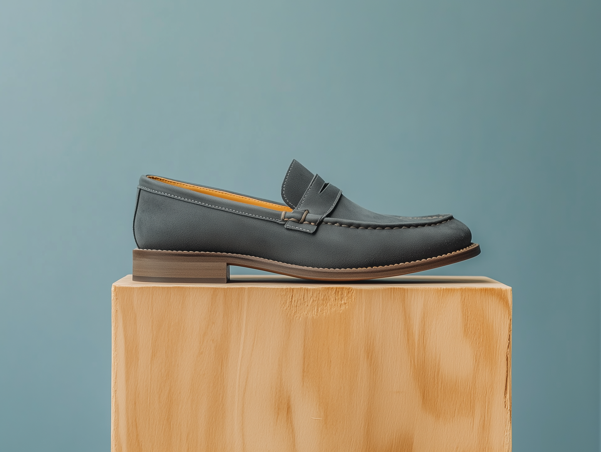 Bondeno Patrizia bespoke penny loafer in dark grey suede, side profile on a wooden plinth