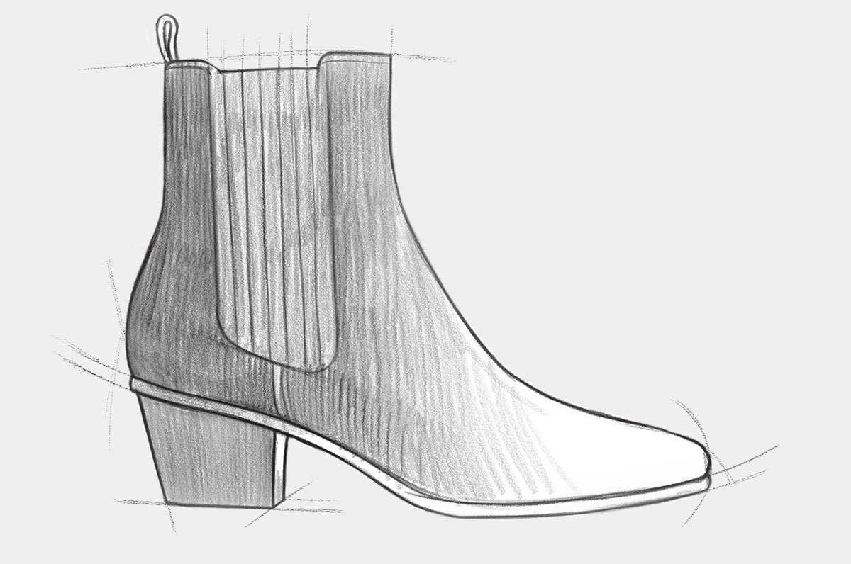 Pencil sketch of a heeled Chelsea boot, for designing your own Bondeno bespoke high heel boots