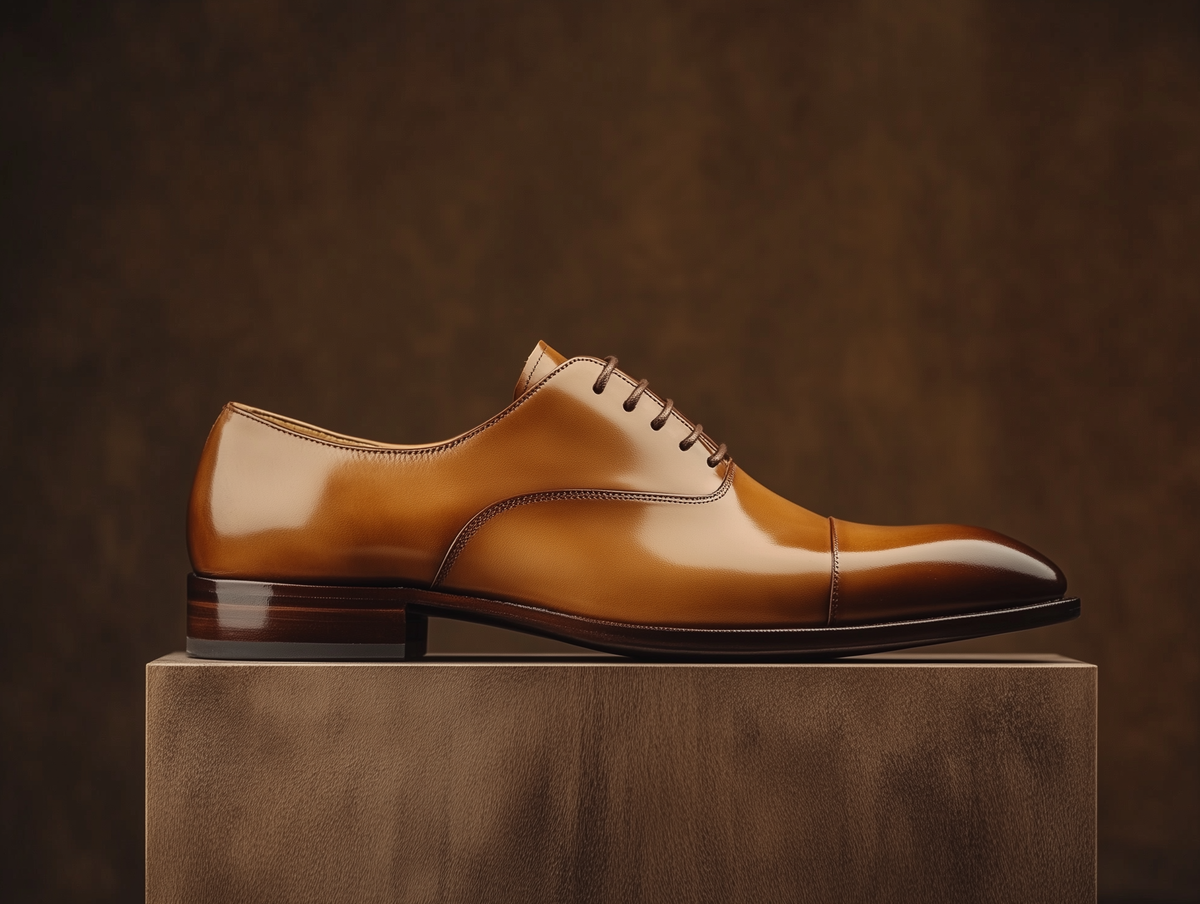 Bondeno Pio bespoke cap-toe Oxford in tan calfskin, side profile on a wooden plinth