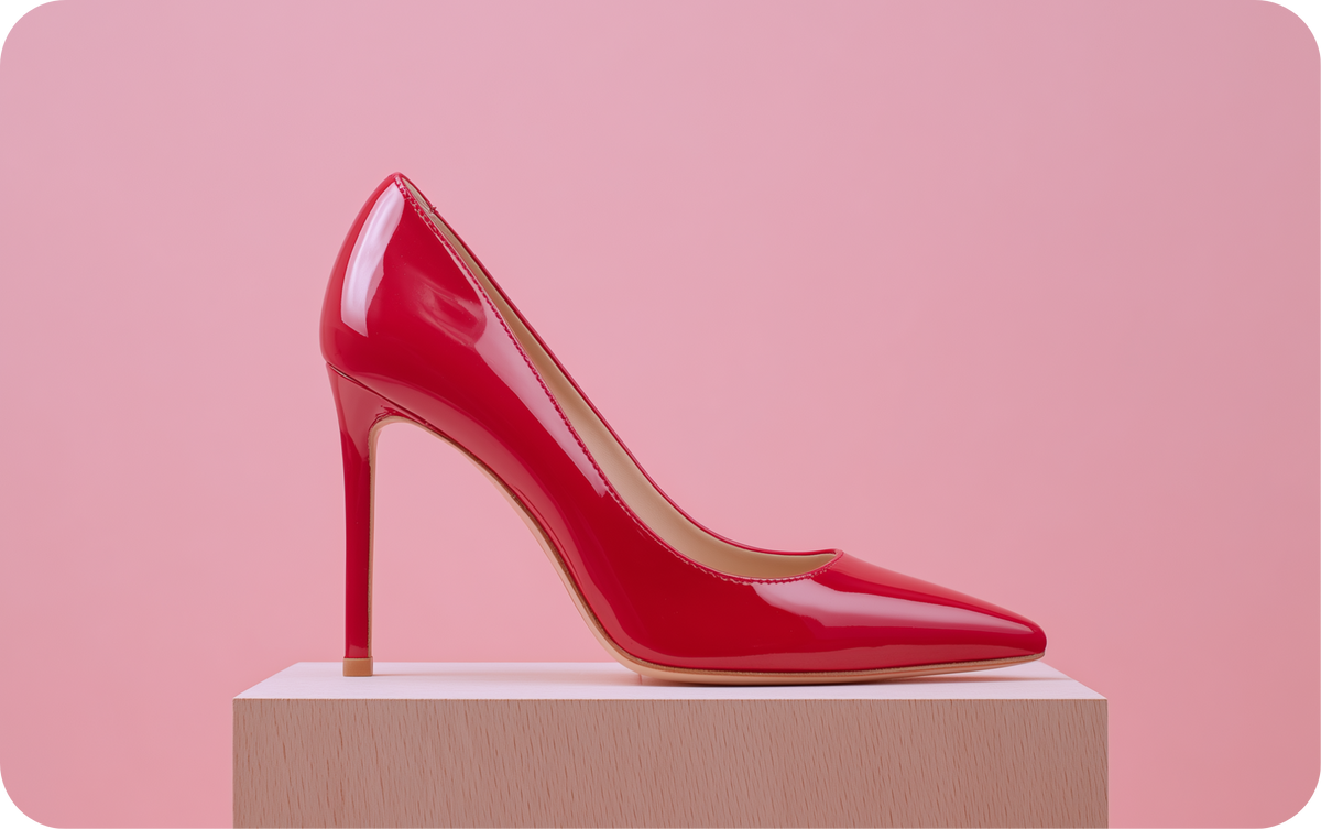 Red patent stiletto pump on a white plinth against a pink backdrop, Bondeno Bespoke Stiletto Pumps Gift Card