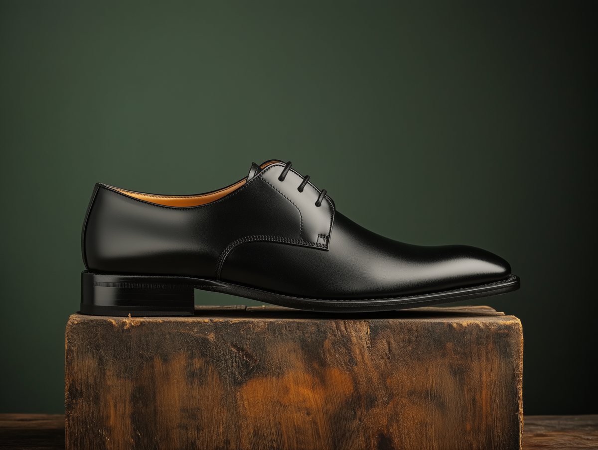 Bondeno Salamone bespoke plain-toe Derby in black calfskin, side profile on a wooden plinth