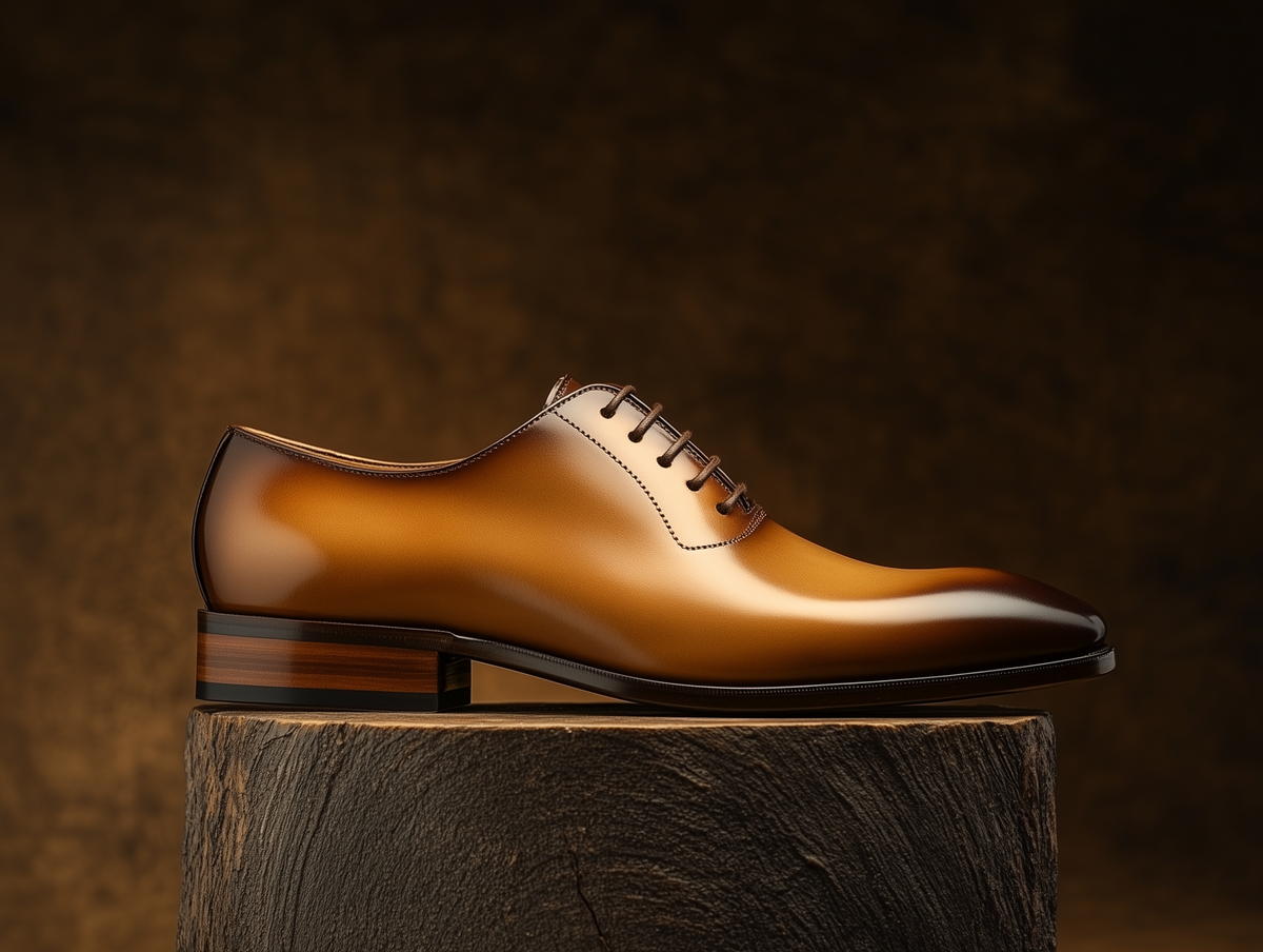 Bondeno Sebastiano bespoke wholecut Oxford in tan calfskin, side profile on a wooden plinth