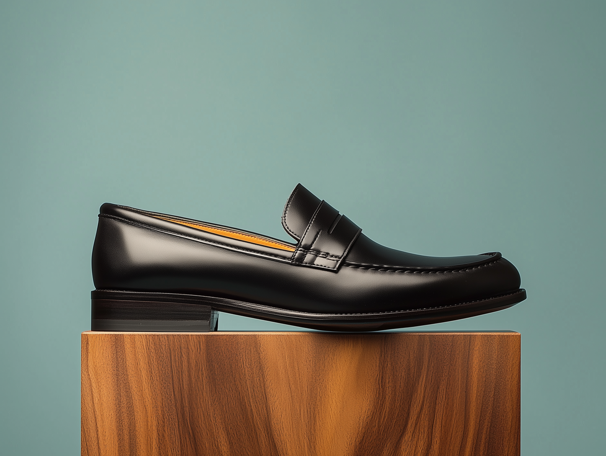Bondeno Silvio bespoke penny loafer in black calfskin, side profile on a wooden plinth