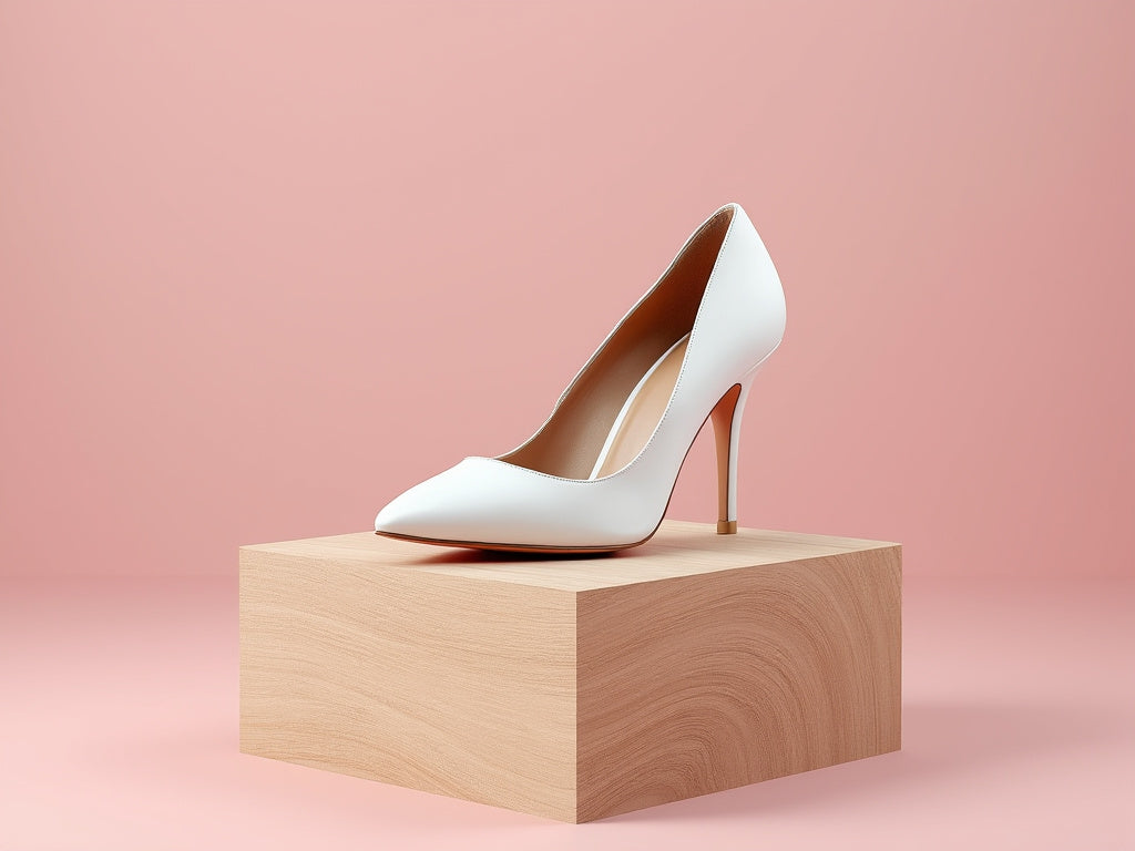 Bondeno bespoke stiletto pump in white leather on a wooden block against a pink backdrop