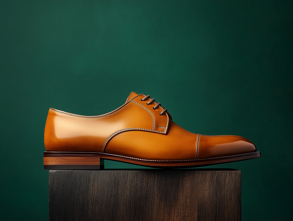 Bondeno Taddeo bespoke cap-toe Derby in tan calfskin, side profile on a wooden plinth