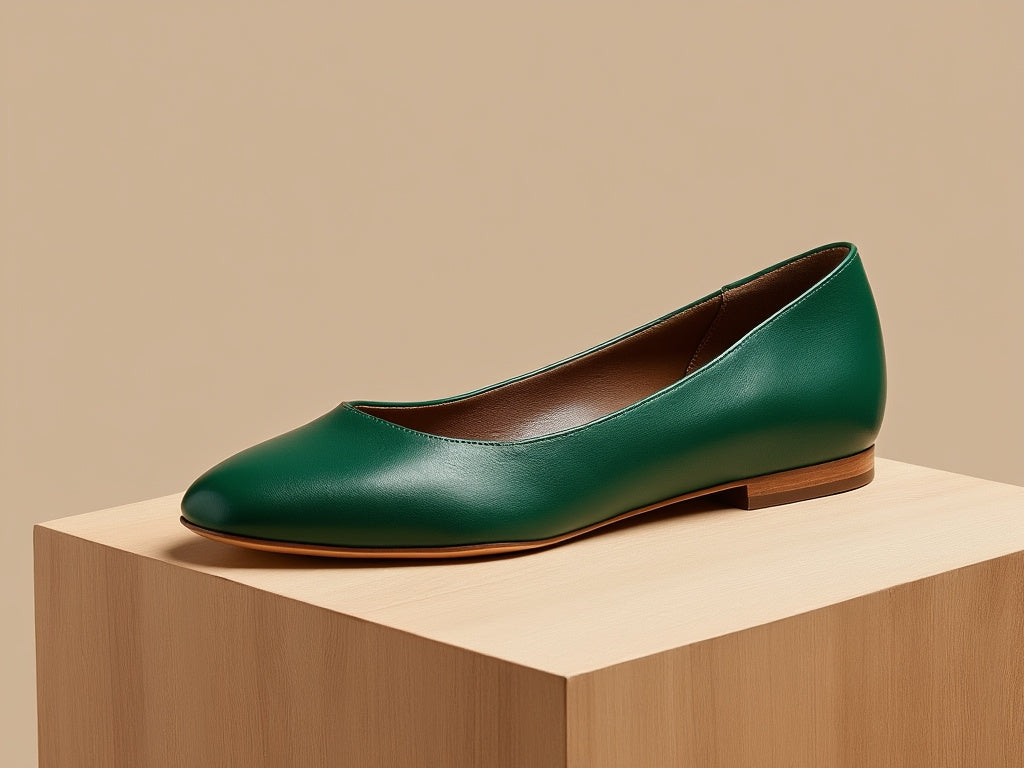 Bondeno Valentina bespoke ballet flat in forest green calfskin, side view on a wooden block