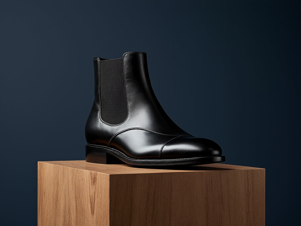 Bondeno bespoke women's Chelsea boot in black leather against a navy backdrop