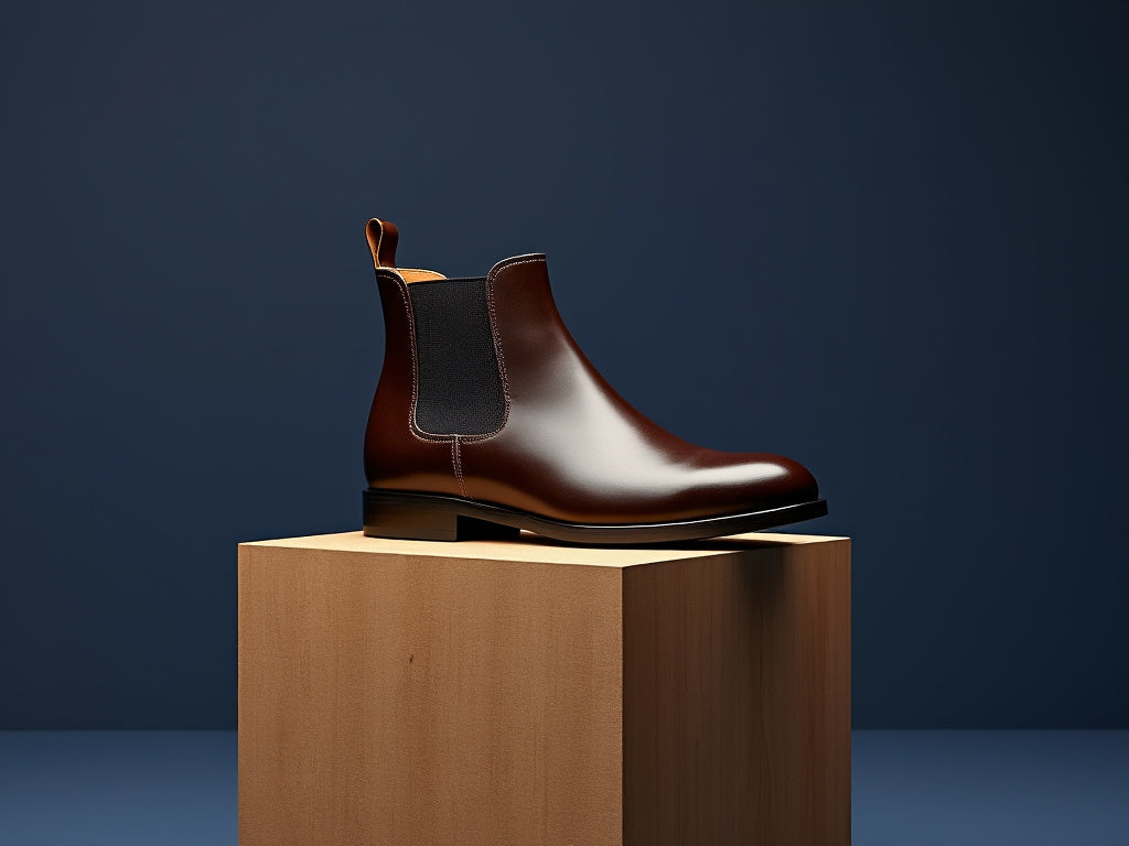 Bondeno bespoke women's Chelsea boot in dark brown leather against a navy backdrop