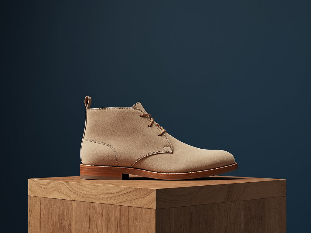 Bondeno bespoke women's chukka boot in beige suede against a navy backdrop