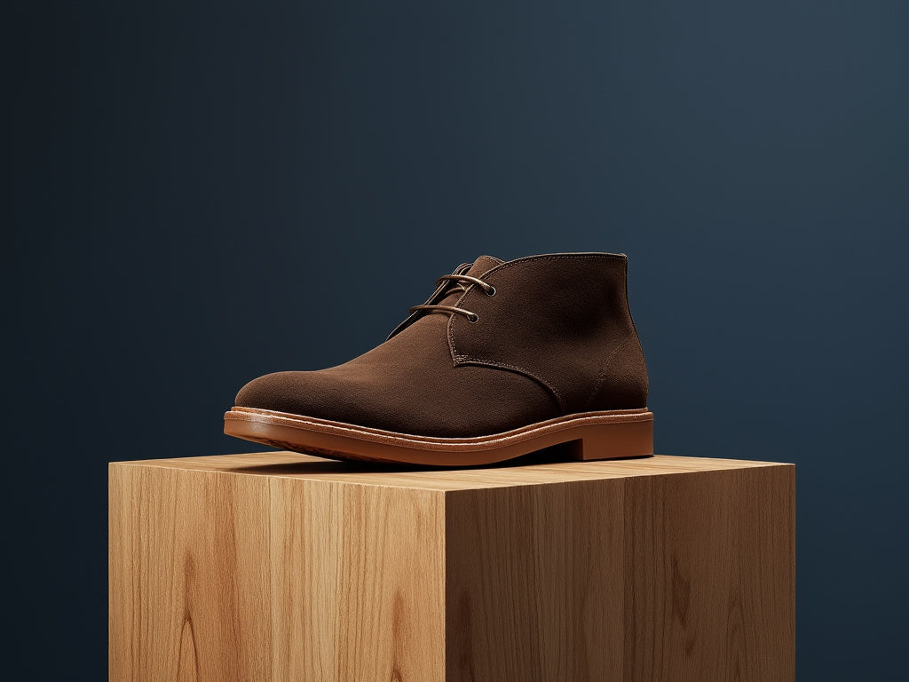 Bondeno bespoke women's chukka boot in brown suede against a navy backdrop