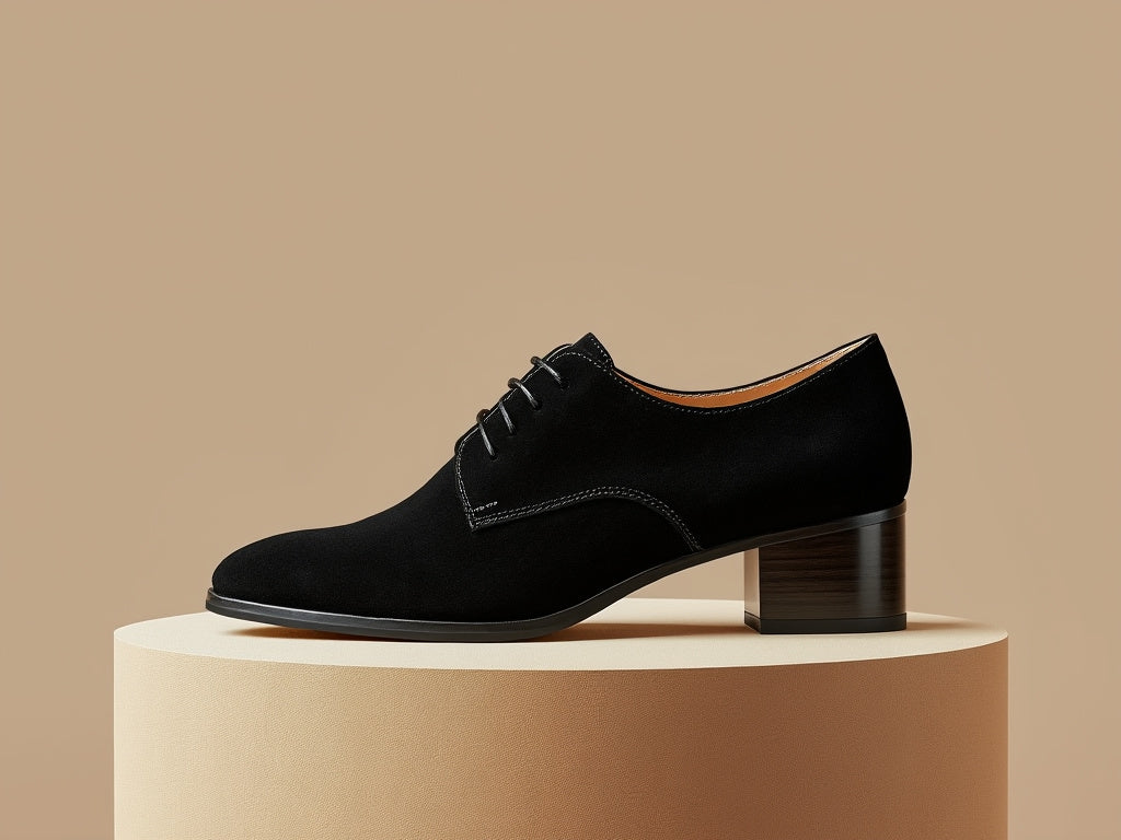 Bondeno bespoke women's lace-up shoe with block heel in black suede on a wooden plinth