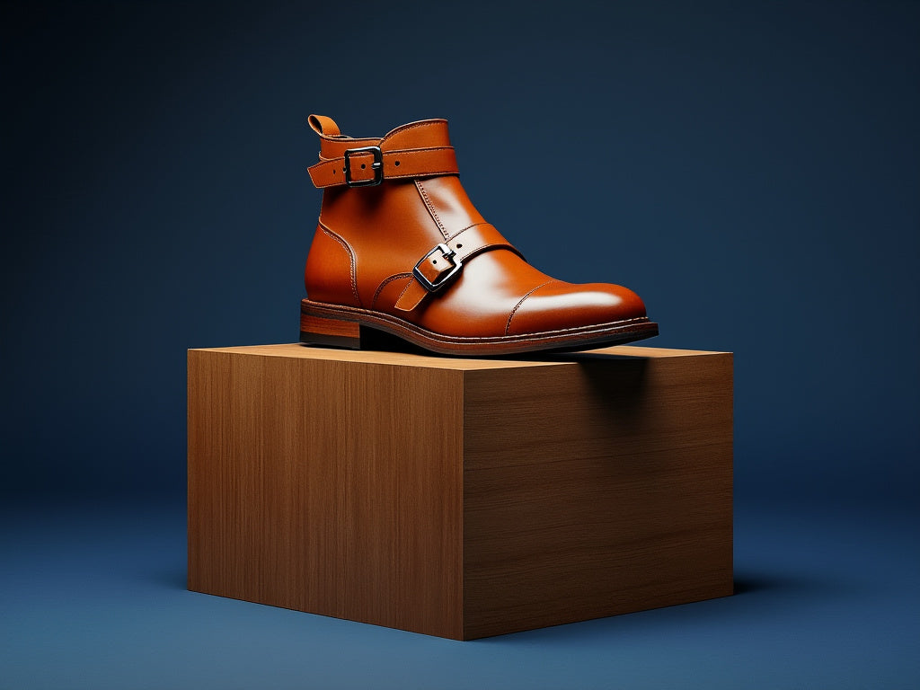 Bondeno bespoke women's monk strap ankle boot in tan leather against a navy backdrop