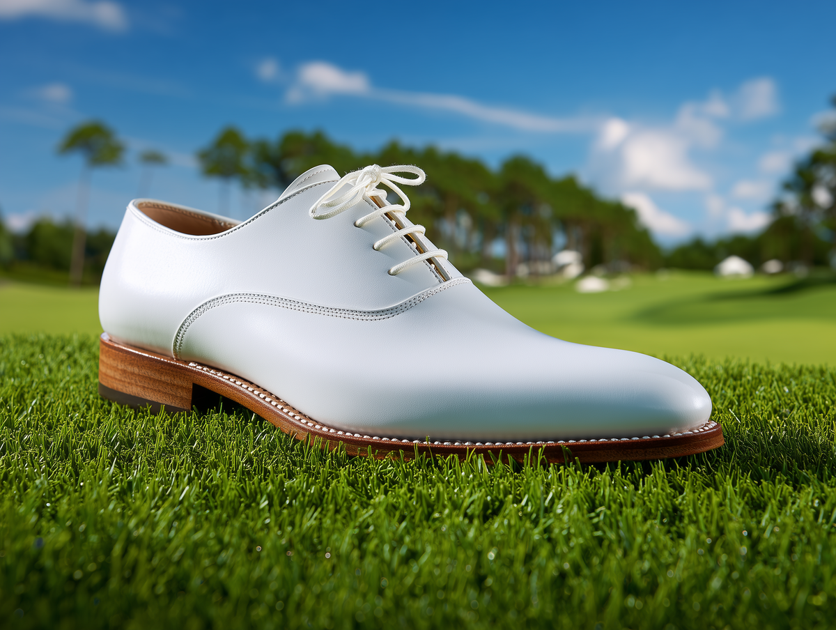 Ezio bespoke golf shoes with replaceable screw-in spikes in white