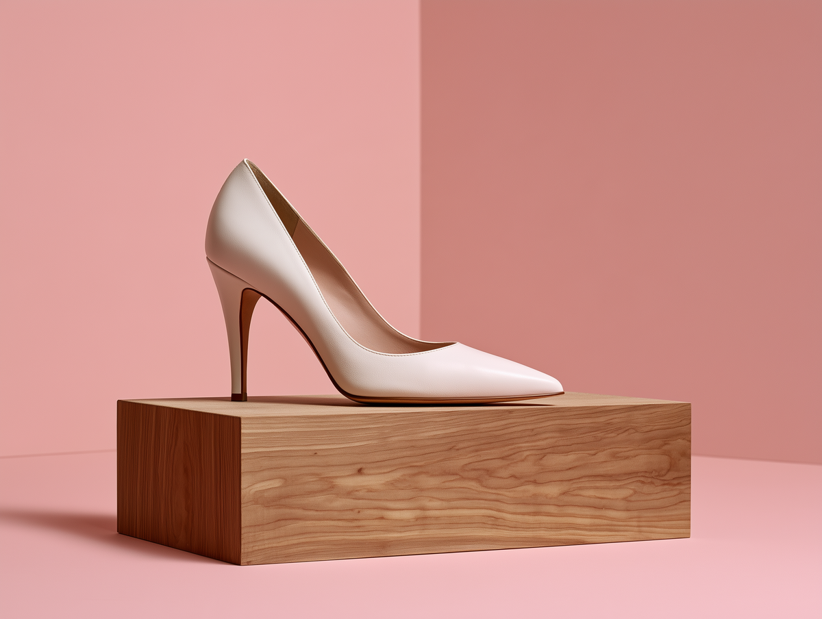 A single pointed-toe high heel pump in a light cream or off-white leather finish, displayed on a rectangular wooden block against a solid pink studio background.
