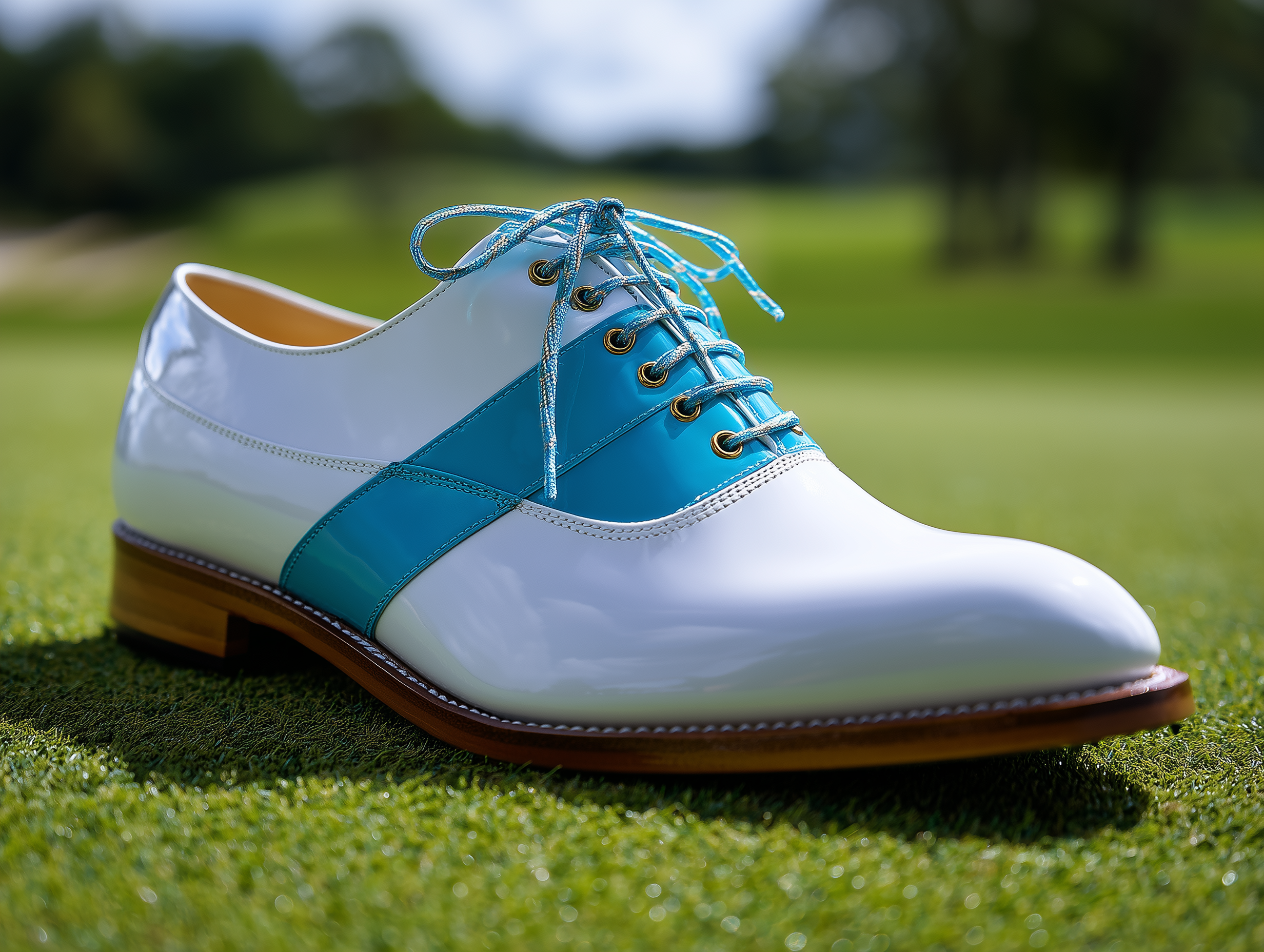 ANTONIA • Bespoke Custom Made & Fitted Golf Shoes With Replaceable Screw-In Spikes • WHITE & LIGHT BLUE