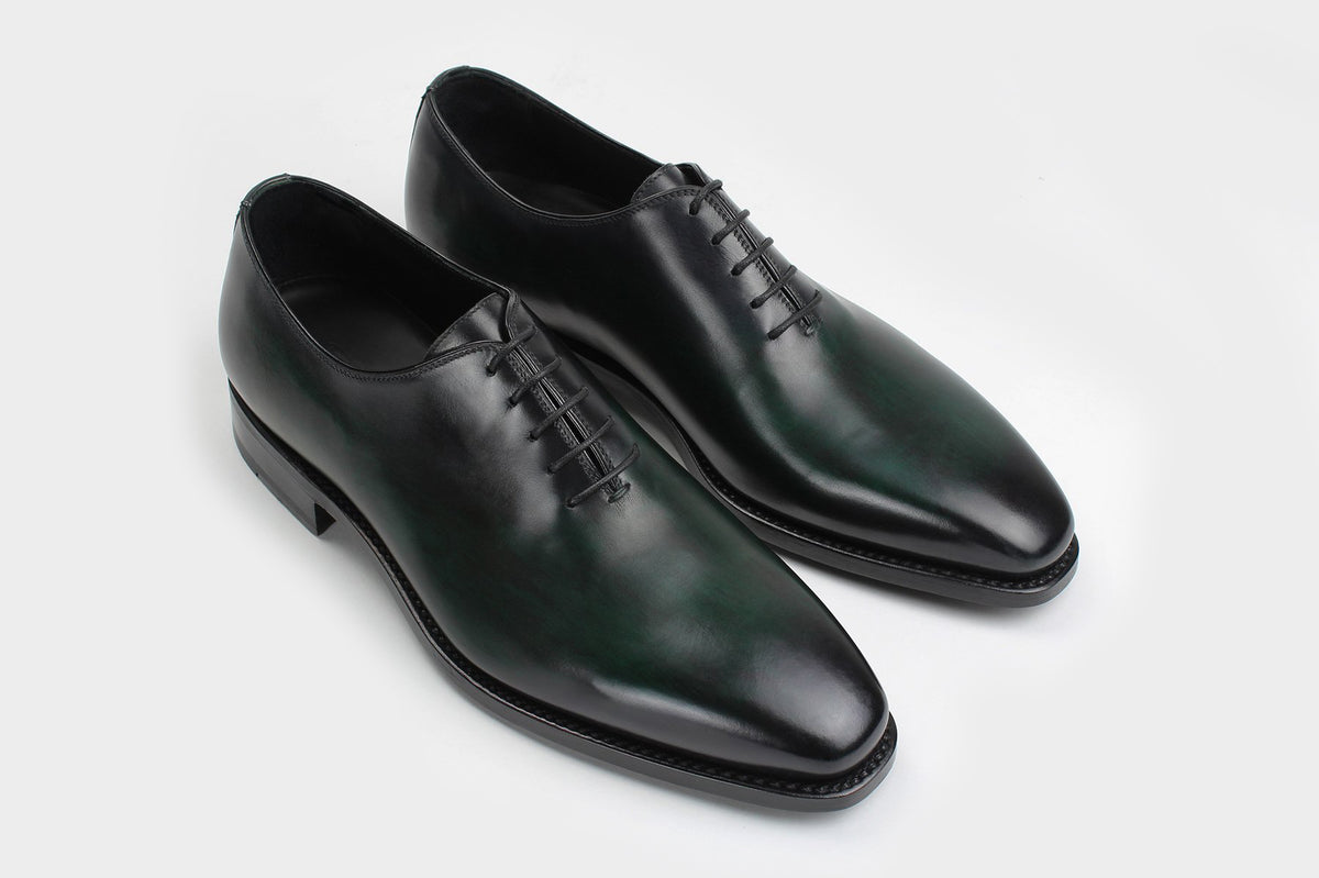 Bondeno Bruno bespoke wholecut Oxford in hand-painted pine green calfskin, pair, three-quarter view from above