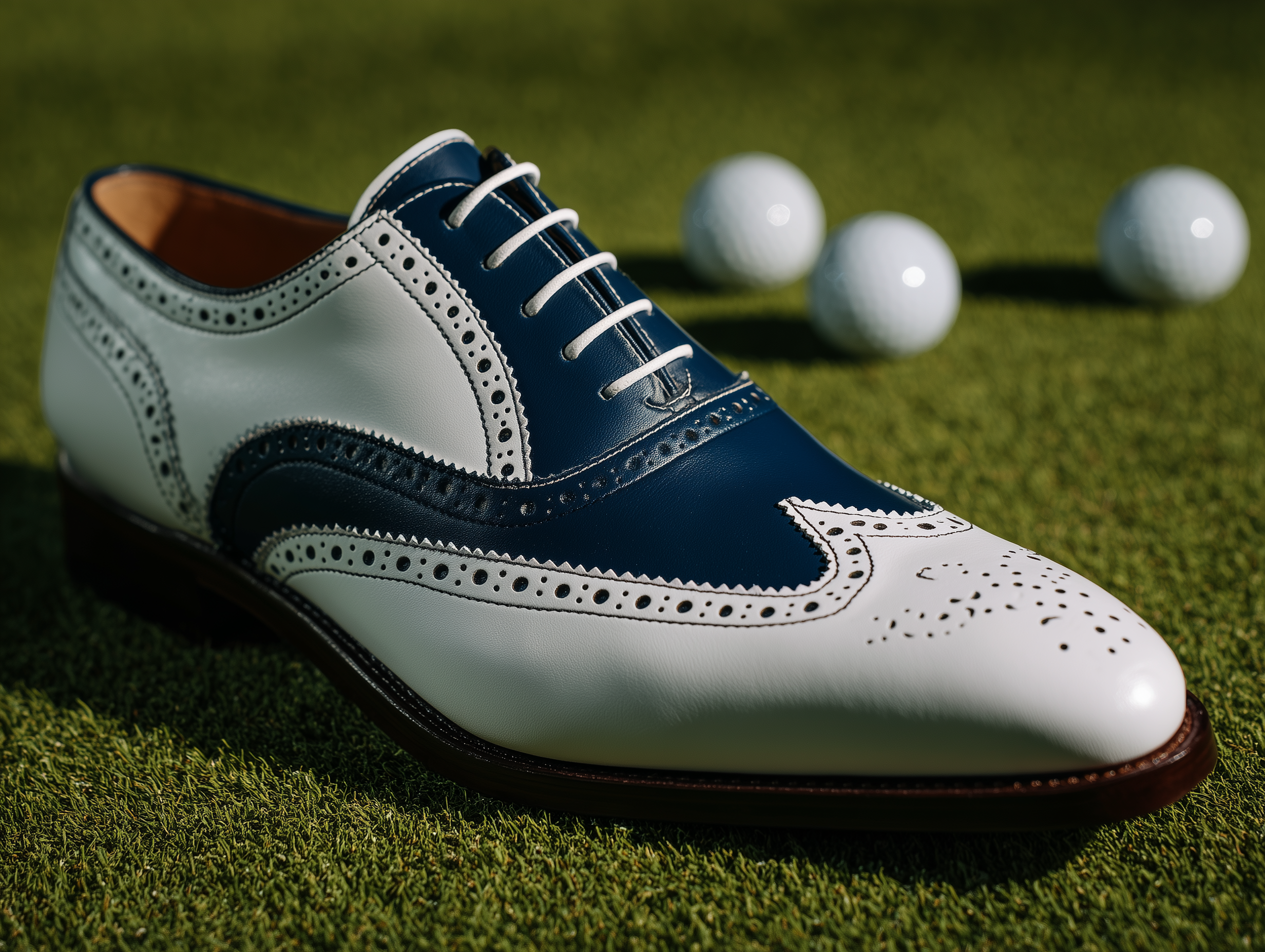 CLELIO • Bespoke Custom Made & Fitted Golf Shoes With Replaceable Screw-In Spikes • WHITE & BLUE