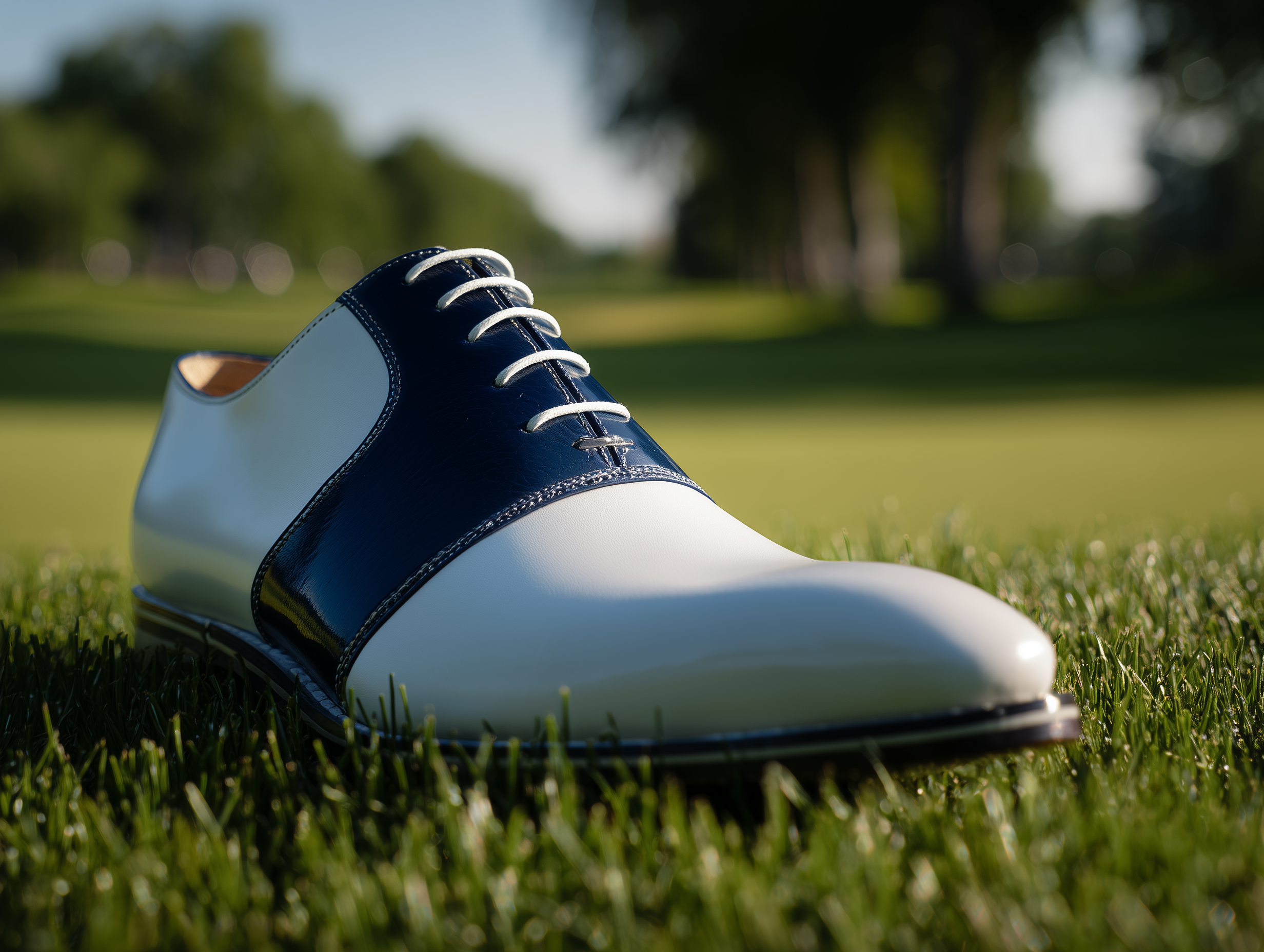 EFISIO • Bespoke Custom Made & Fitted Golf Shoes With Replaceable Screw-In Spikes • WHITE & BLUE