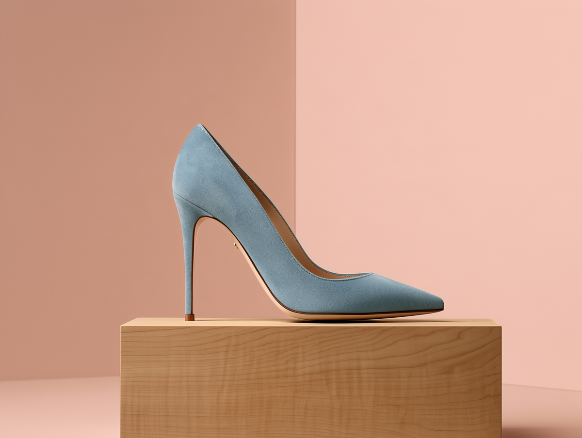 A single light blue suede high-heeled pump with a pointed toe and slim stiletto heel, displayed on a light wood block against a split peach and pink studio background.