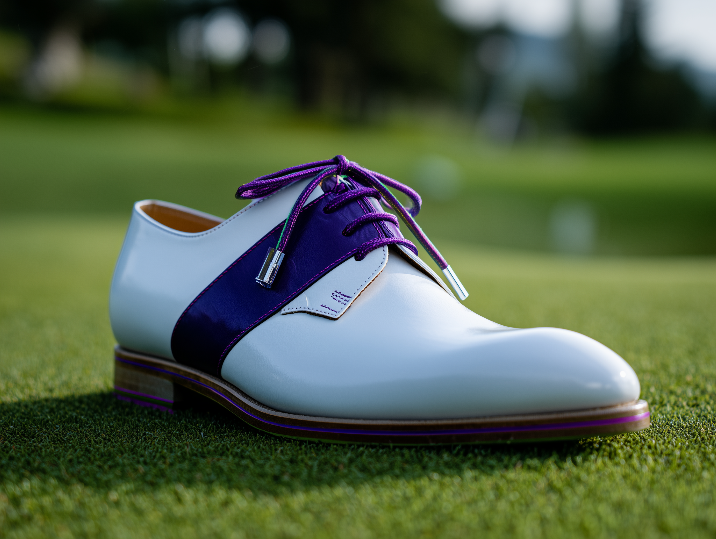 SERAFINA • Bespoke Custom Made & Fitted Golf Shoes With Replaceable Screw-In Spikes • WHITE & DEEP PURPLE