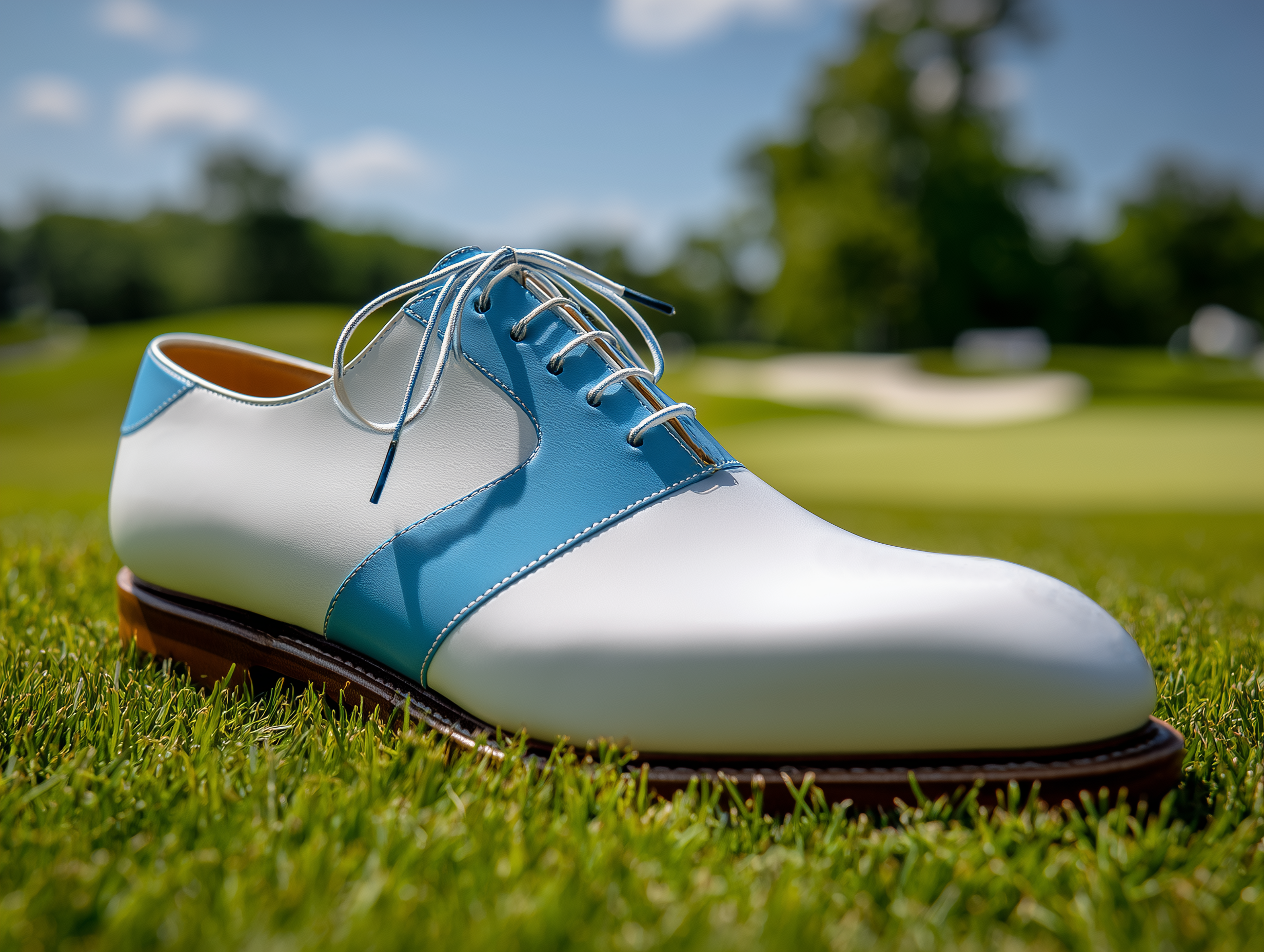 ANNABELLA • Bespoke Custom Made & Fitted Golf Shoes With Replaceable Screw-In Spikes • WHITE & LIGHT BLUE