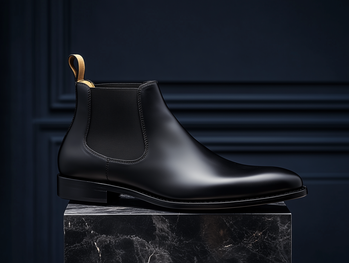 Bondeno Aldo bespoke Chelsea boot in black calfskin, side profile on a wooden plinth