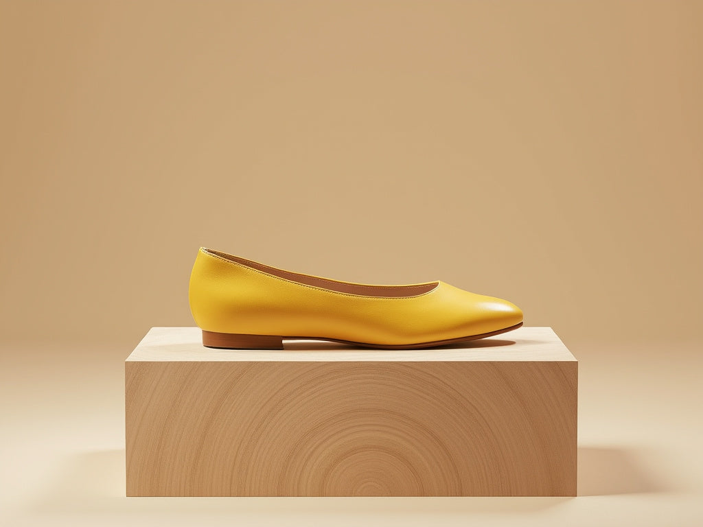 Bondeno Alessandra bespoke ballet flat in sunflower yellow calfskin, side view on a wooden block