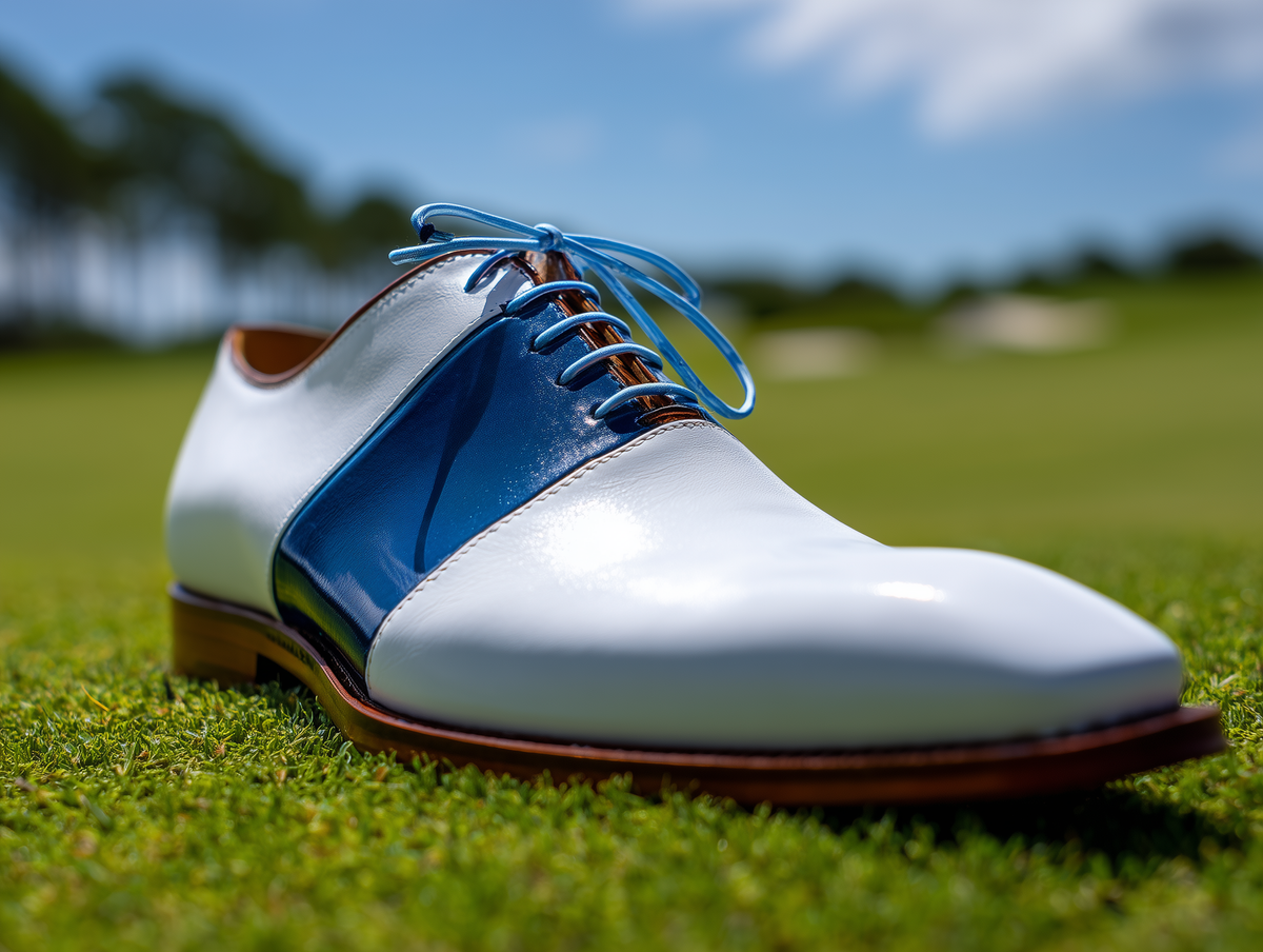 Bondeno Amaretto bespoke golf shoe in white and light blue on a golf course