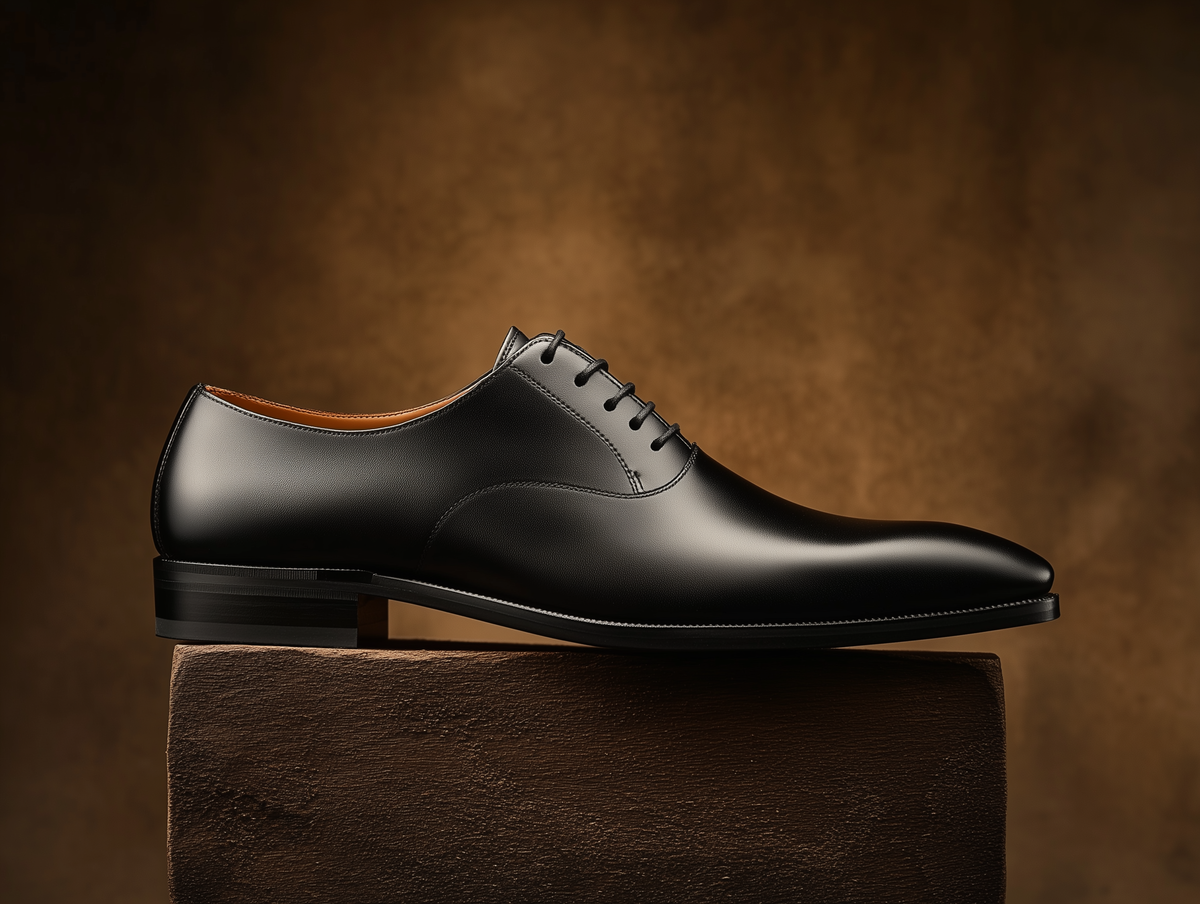 Bondeno Amerigo bespoke semi-wholecut Oxford in black calfskin, side profile on a wooden plinth