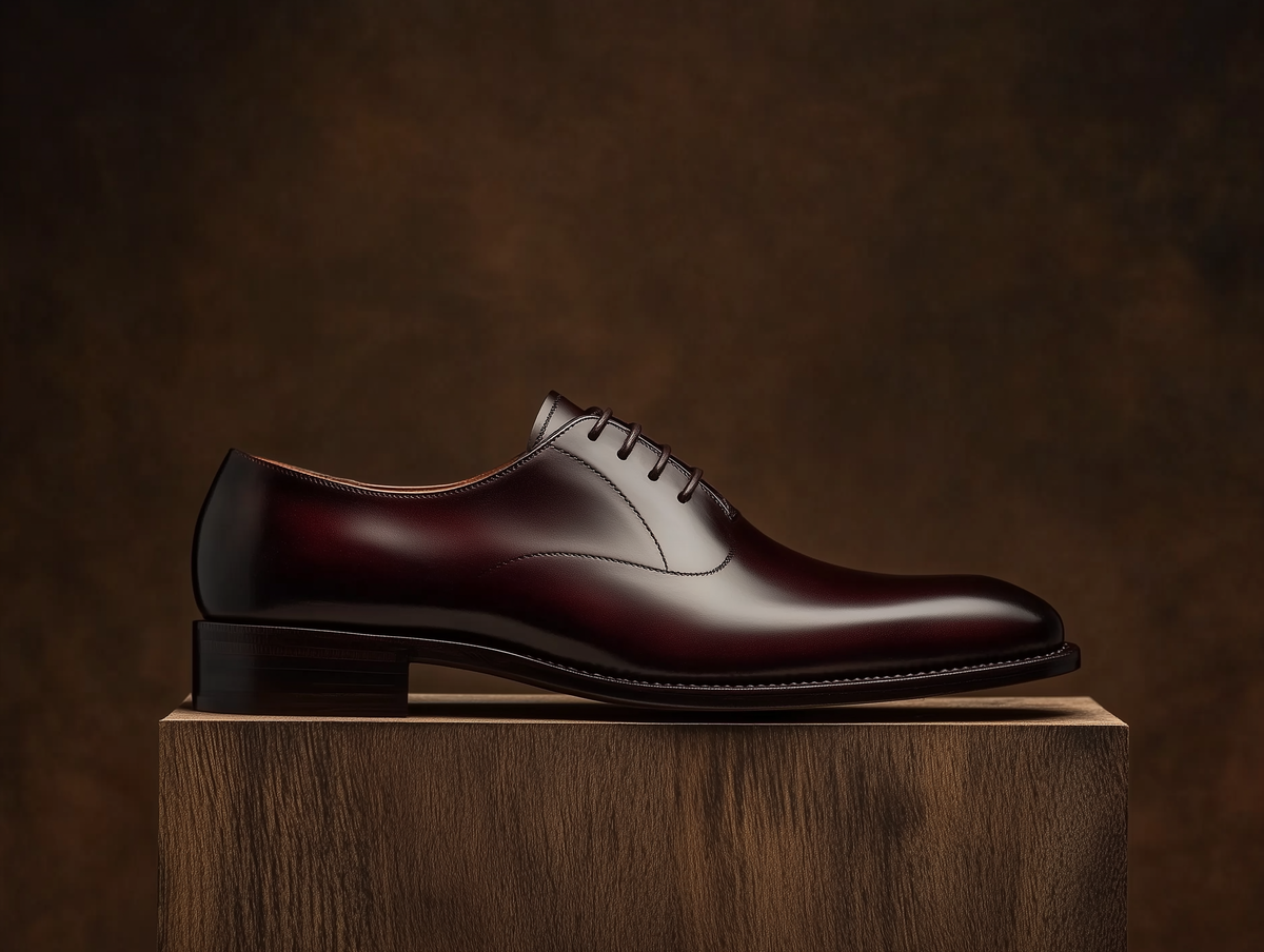 Bondeno Anatolio bespoke semi-wholecut Oxford in burgundy calfskin, side profile on a wooden plinth