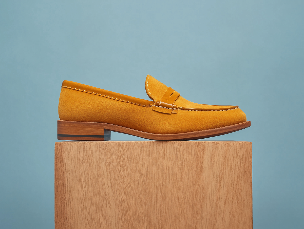 Bondeno Arianna bespoke penny loafer in canary yellow suede, side profile on a wooden plinth