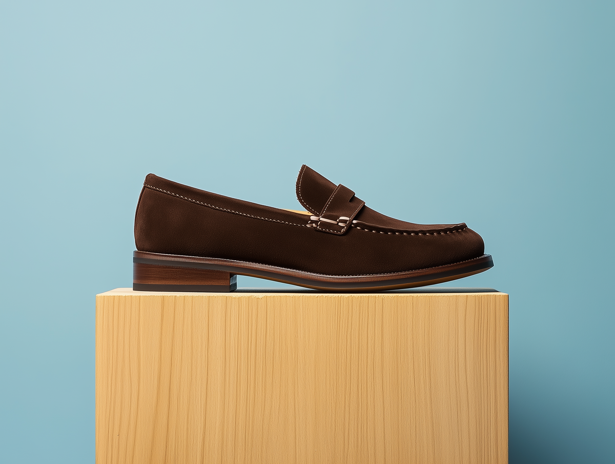 Bondeno Bianca bespoke penny loafer in bole brown suede, side profile on a wooden plinth