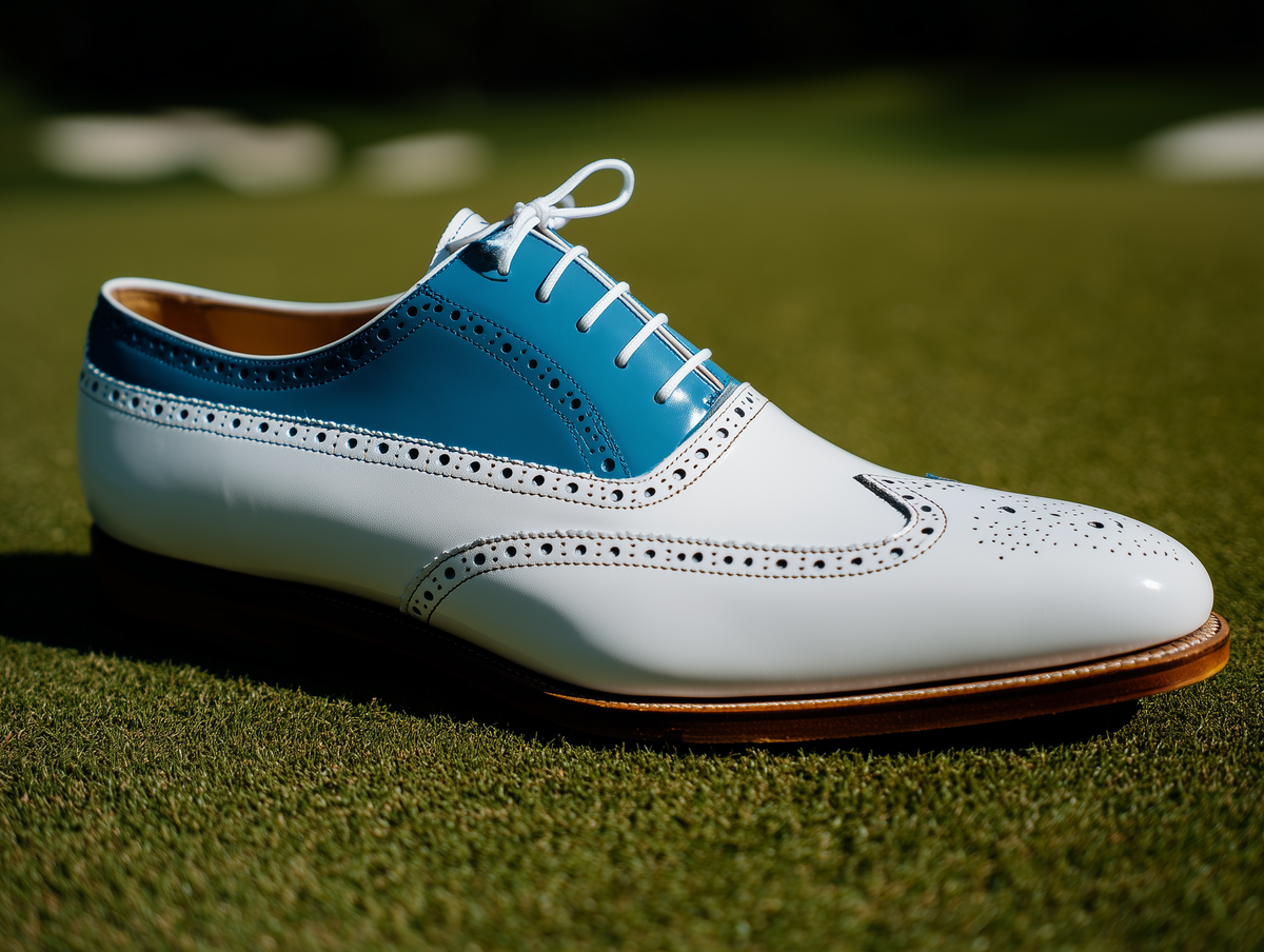 Bondeno Breve bespoke golf shoe in white and light blue on a golf course
