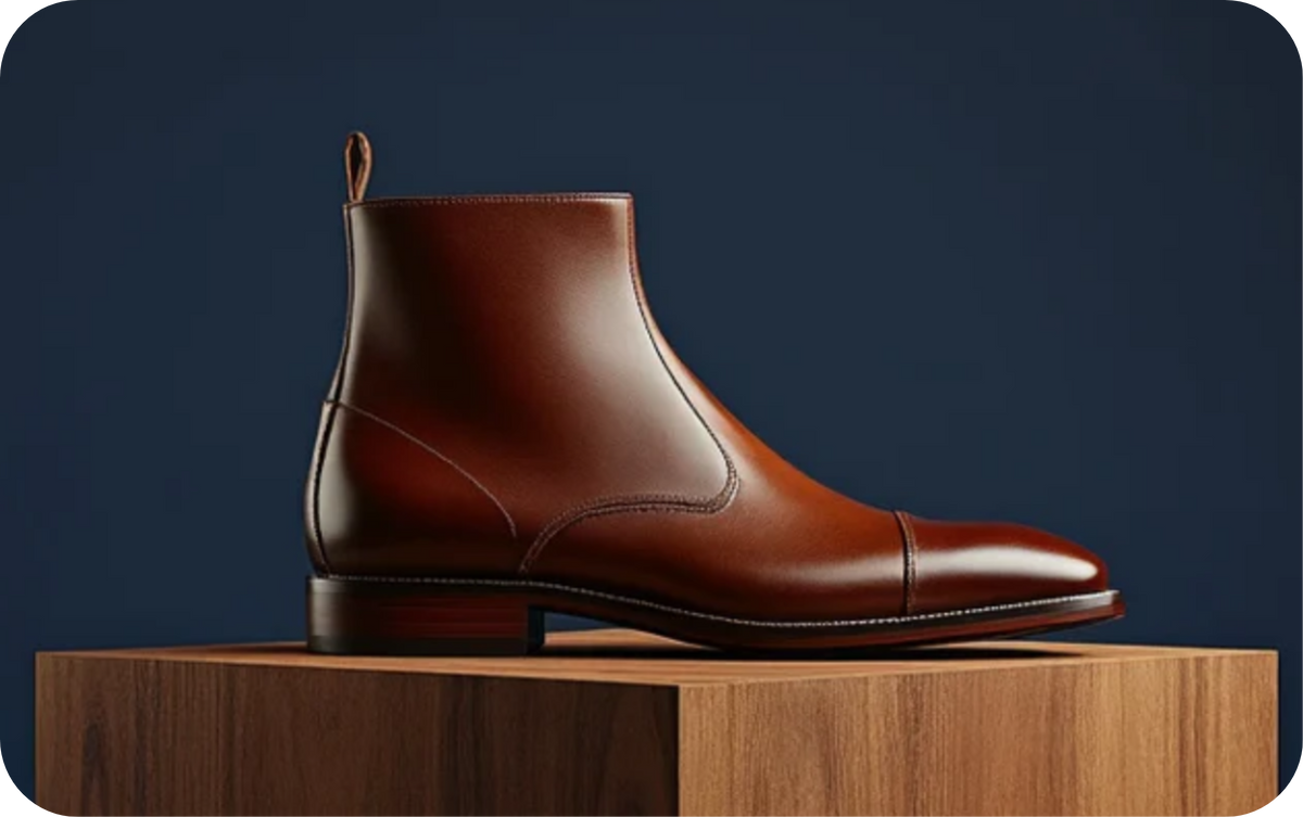 Brown leather ankle boot against a navy backdrop, Bondeno Bespoke Low Heel Boots Gift Card