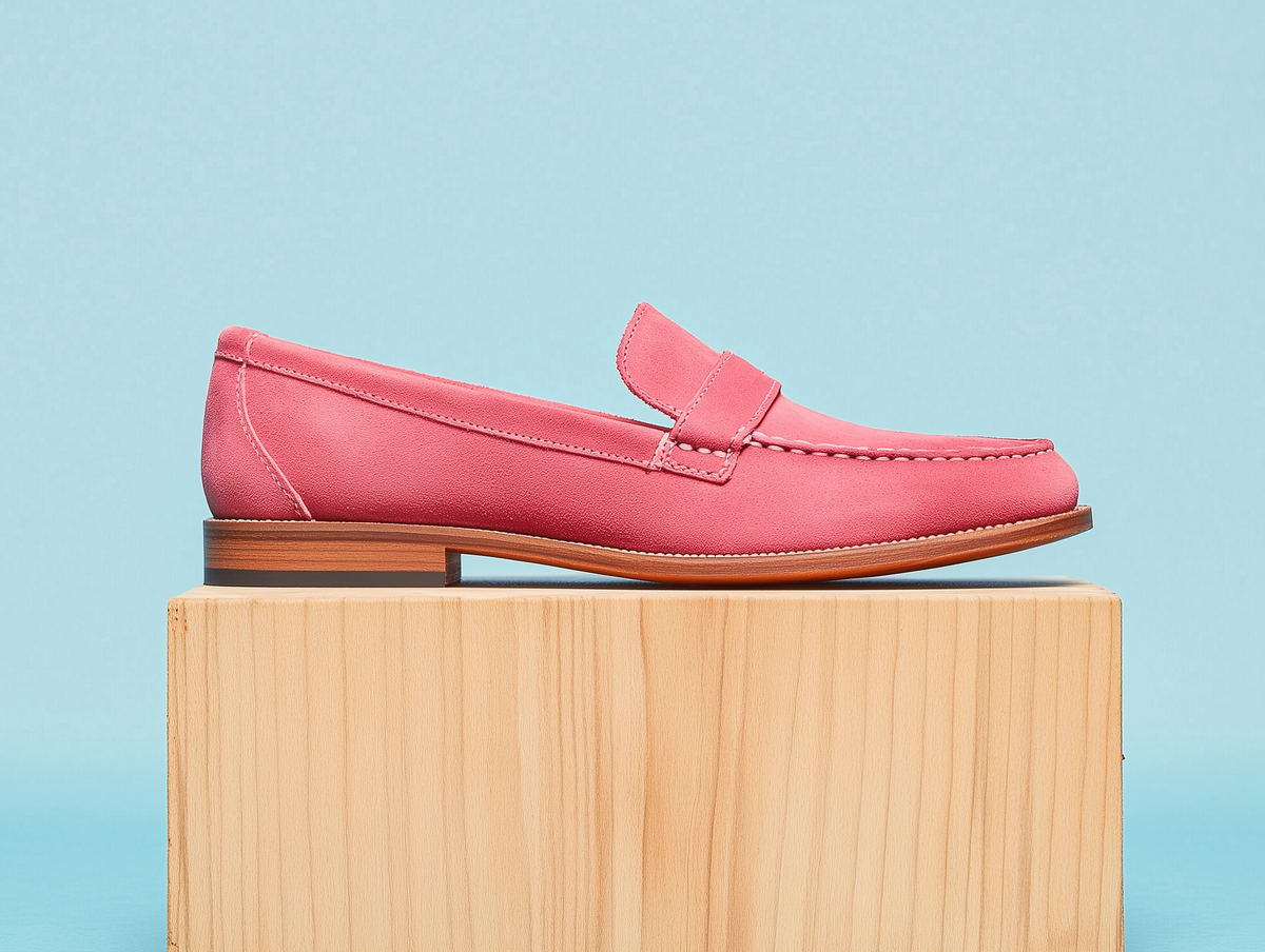 Bondeno Caterina bespoke penny loafer in fuchsia pink suede, side profile on a wooden plinth