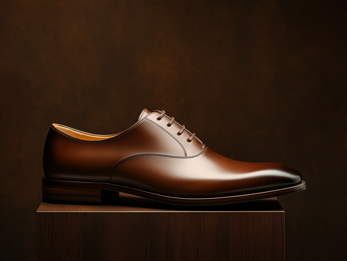 Bondeno Dario bespoke semi-wholecut Oxford in brown calfskin, side profile on a wooden plinth