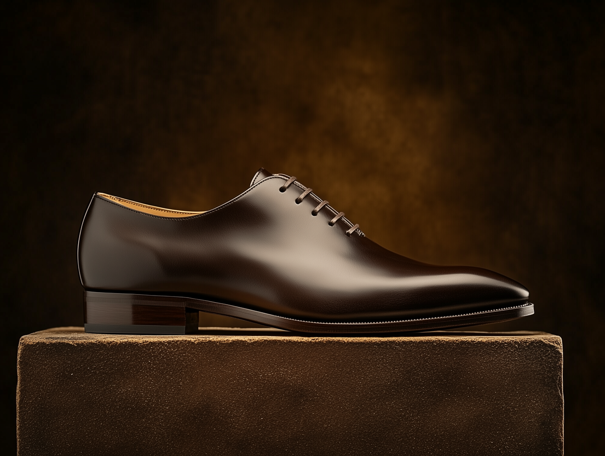 Bondeno Davide bespoke wholecut Oxford in dark brown calfskin, side profile on a wooden plinth