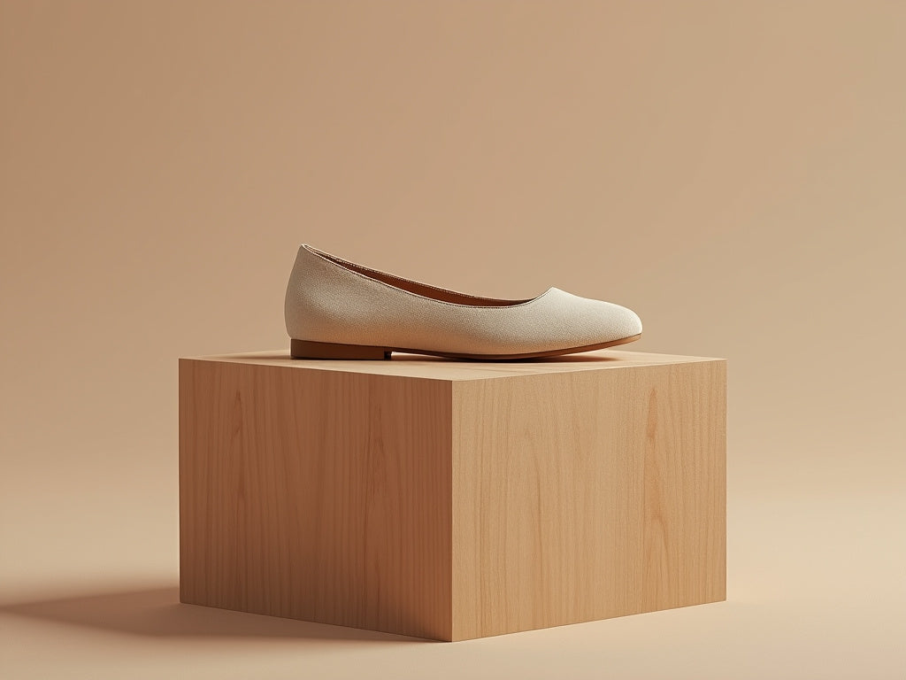 Bondeno Erika bespoke ballet flat in beige suede, side view on a wooden block
