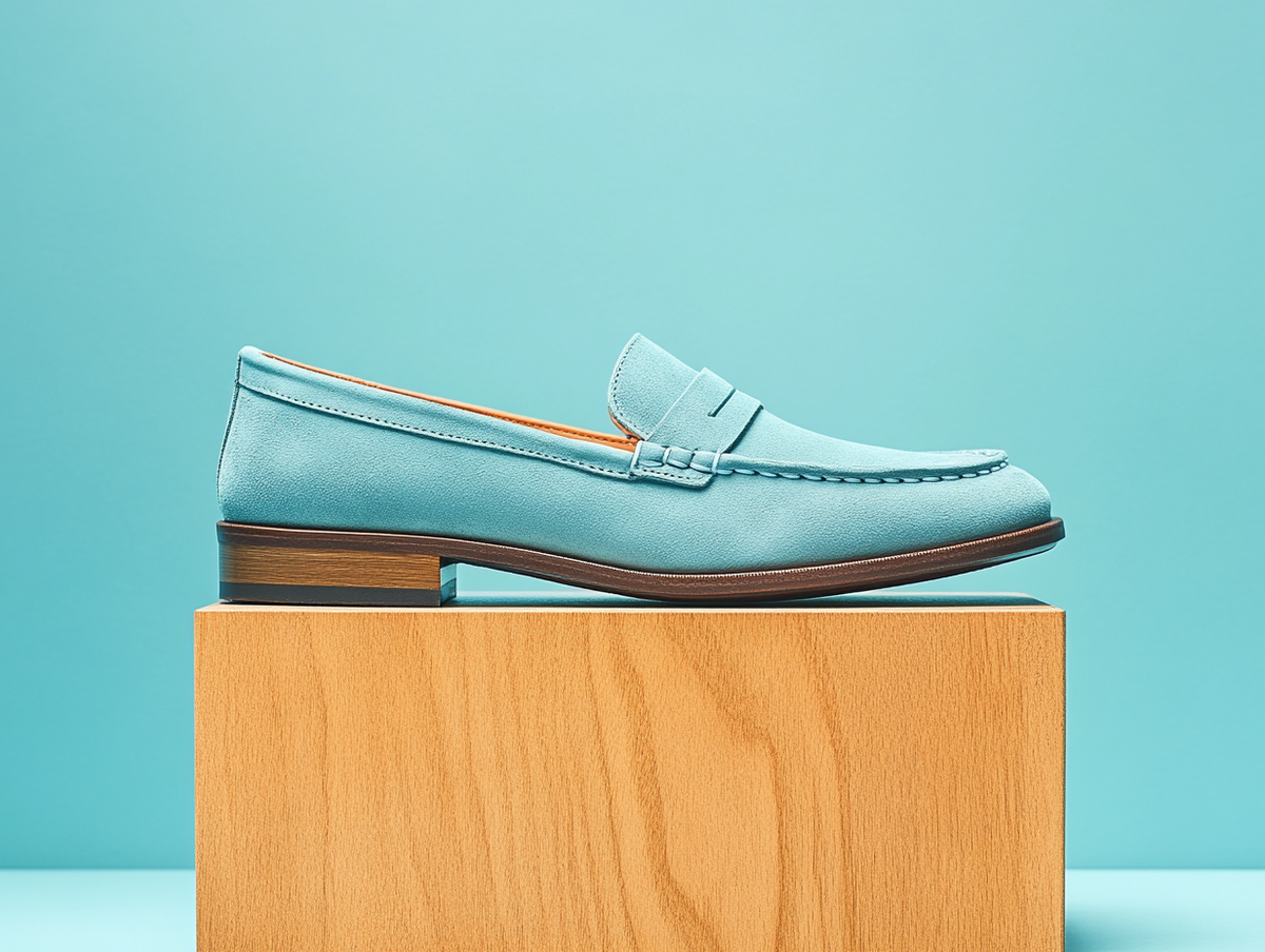Bondeno Evelina bespoke penny loafer in sky blue suede, side profile on a wooden plinth