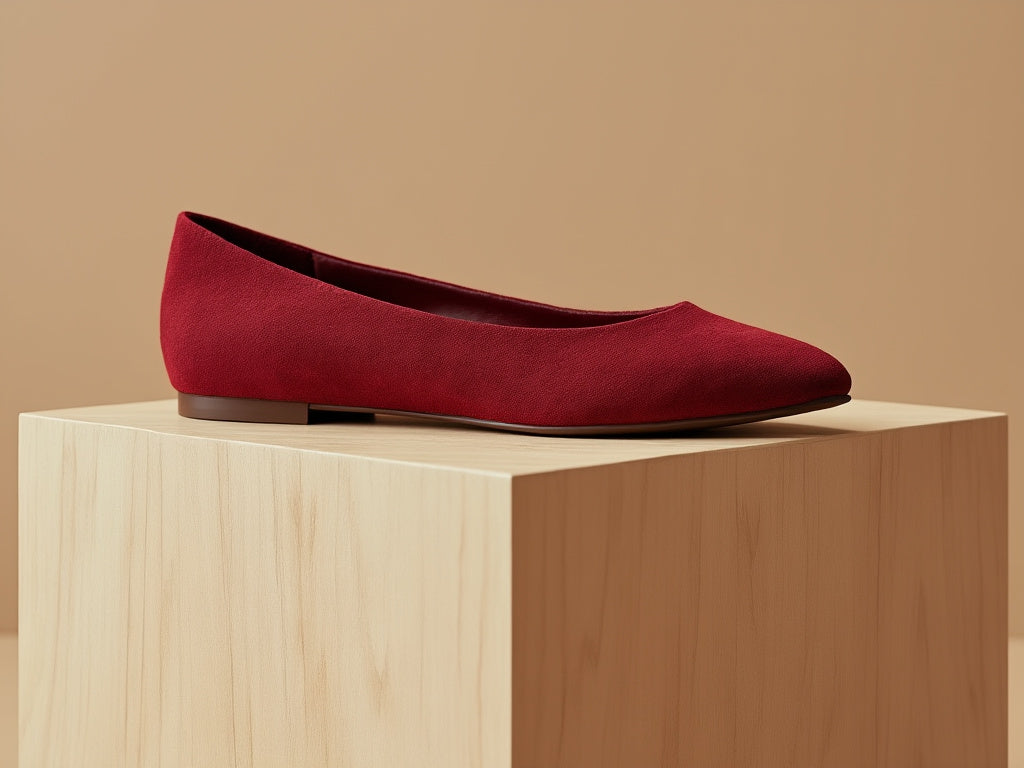 Bondeno Federica bespoke ballet flat in red suede, side view on a wooden block