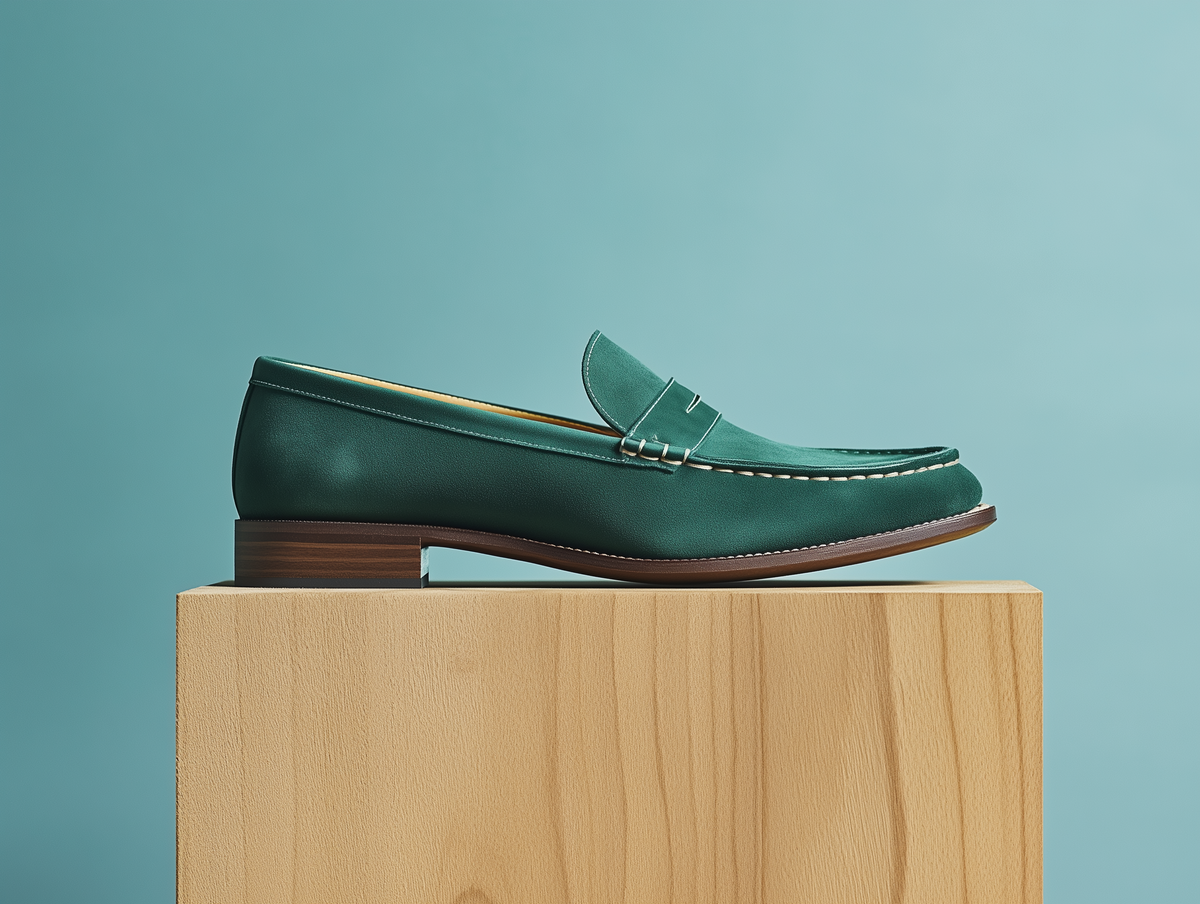 Bondeno Gemma bespoke penny loafer in pine green suede, side profile on a wooden plinth