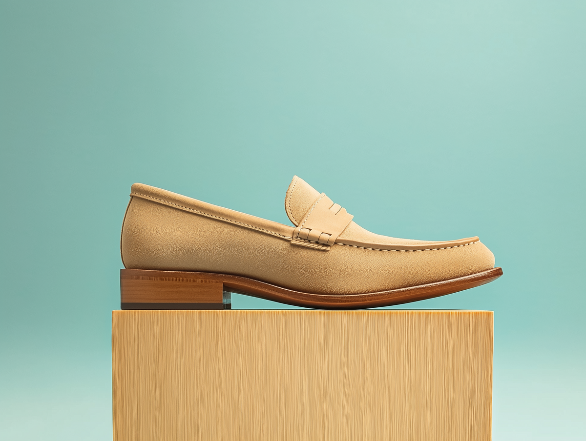 Bondeno Gia bespoke penny loafer in beige suede, side profile on a wooden plinth