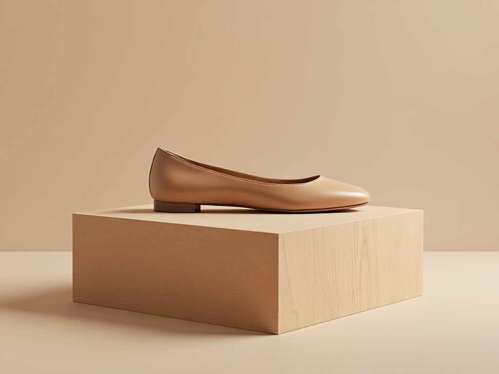 Bondeno Giovanna bespoke ballet flat in beige calfskin, side view on a wooden block