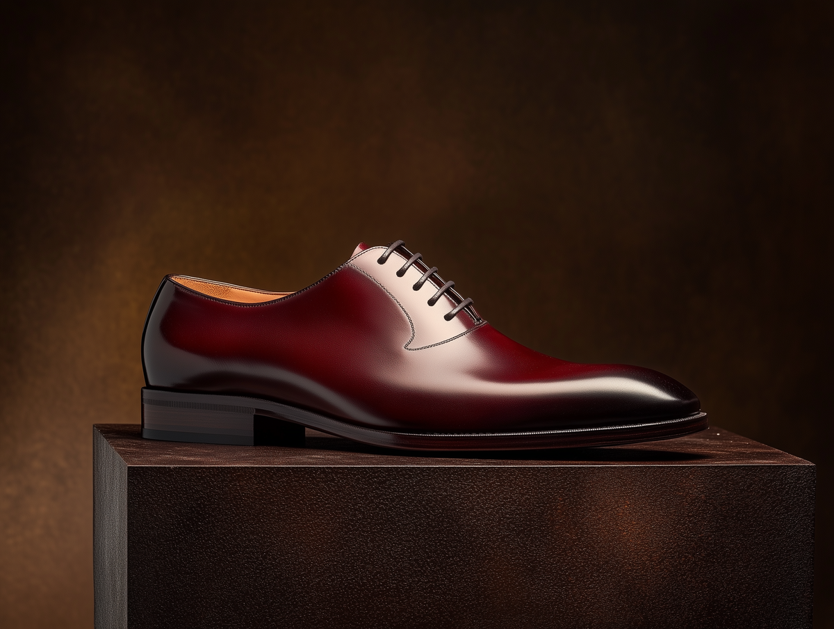 Bondeno Giraldo bespoke wholecut Oxford in burgundy calfskin, side profile on a wooden plinth