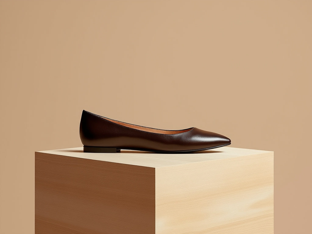 Bondeno Giulia bespoke ballet flat in espresso brown calfskin, side view on a wooden block