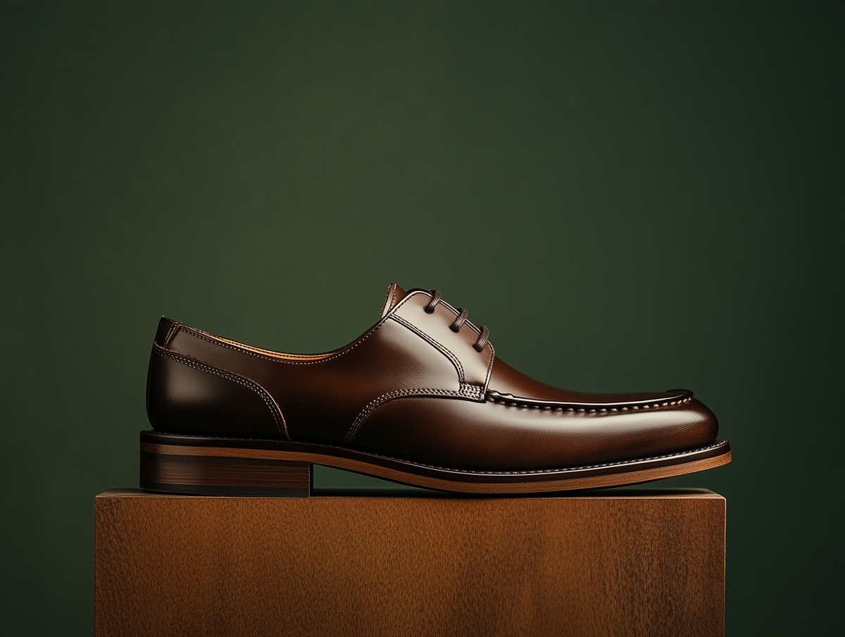 Bondeno Leopoldo bespoke apron-toe Derby in dark brown calfskin, side profile on a wooden plinth