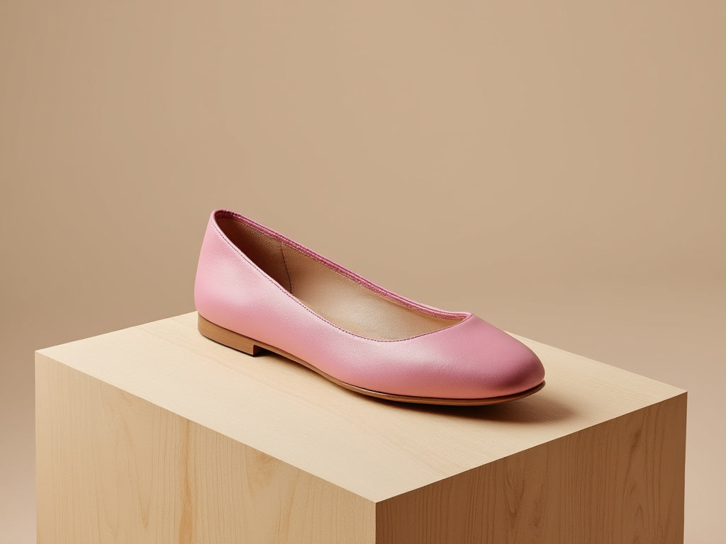 Bondeno Livia bespoke ballet flat in pink calfskin, side view on a wooden block